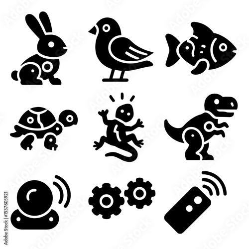 Robotic Animal Toy Icons. Solid, filled icons set of robotic animal toys: robot bunny, robotic bird,