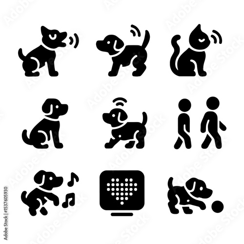 AI Pet Features Icons. Solid, filled icons set of AI pet behavior features: bark response, tail wag, purr
