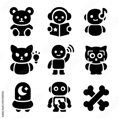 Interactive Kids' Robot Icons. Solid, filled icons set of interactive kids’ pet robots: cuddly bot, bedtime