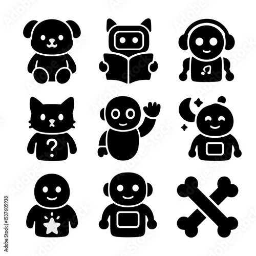 Interactive Kids' Robot Icons. Solid, filled icons set of interactive kids’ pet robots: cuddly bot, bedtime