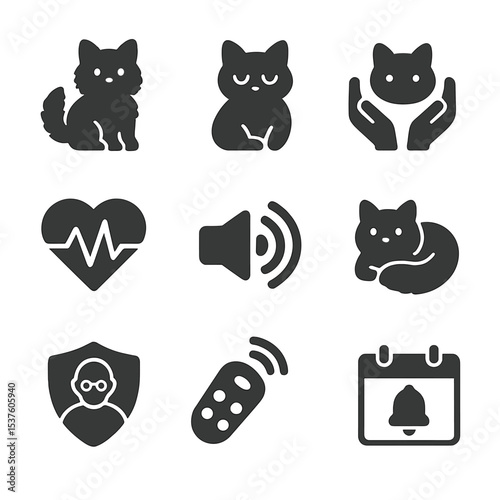 Therapeutic Robot Pet Icons. Solid, filled icons set of therapeutic robot pets: soft fur surface, slow