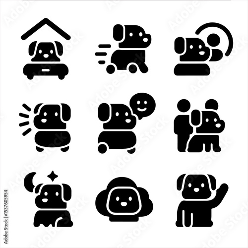 Smart Home Pet Bots. Solid, filled icons set of smart home pet bots: home base, hallway patrol, motion