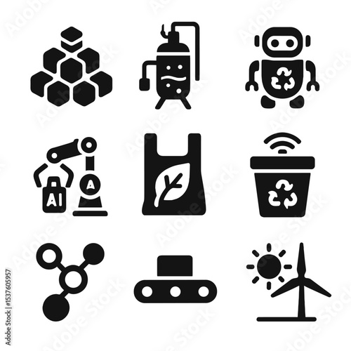 Advanced Recycling Icons. Solid, filled icons set of future plastic recycling technologies: plastic pellet,
