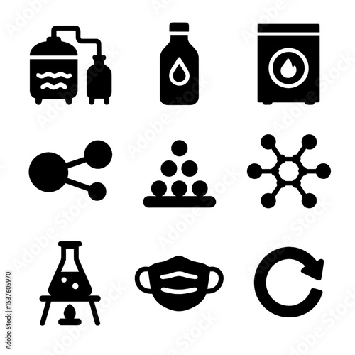 Chemical Recycling Icons. Solid, filled icons set of chemical recycling innovations: depolymerization tank,