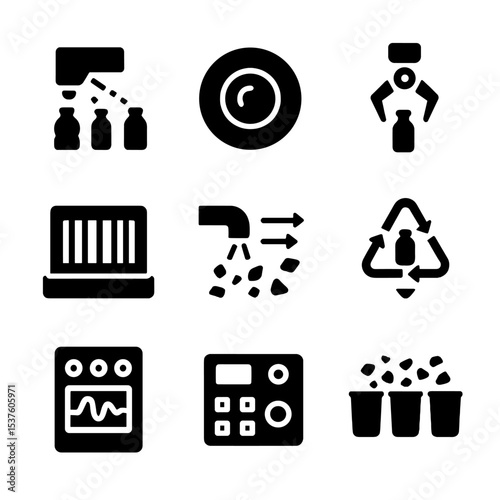 Advanced Sorting Icons. Solid, filled icons set of advanced plastic sorting systems: infrared scanner, color