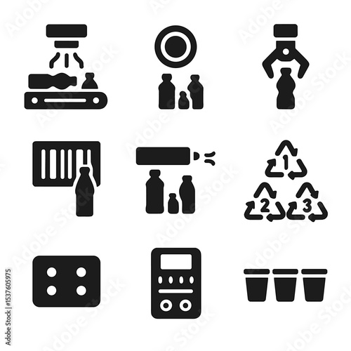 Advanced Sorting Icons. Solid, filled icons set of advanced plastic sorting systems: infrared scanner, color