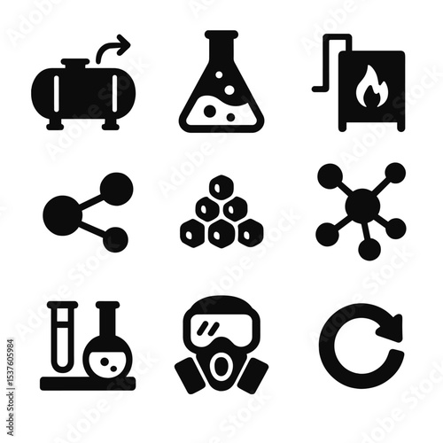 Chemical Recycling Icons. Solid, filled icons set of chemical recycling innovations: depolymerization tank,
