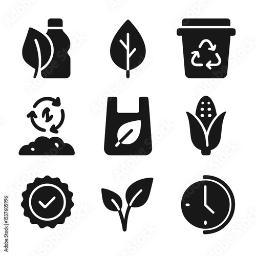 Biodegradable Icons Grid. Solid, filled icons set of biodegradable plastic tracking: leaf-plastic blend, eco