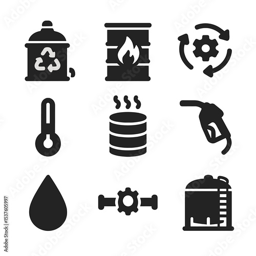 Plastic-to-Fuel Icons. Solid, filled icons set of plastic-to-fuel technologies: reactor icon, oil barrel,