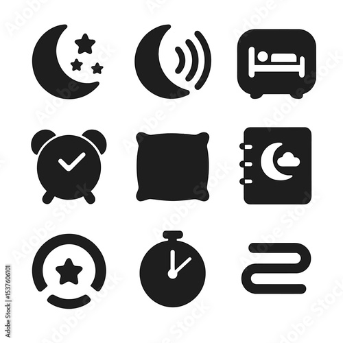 Sleep Support Icons. Solid, filled icons set of sleep and relaxation support: night mode, moon icon, sleep