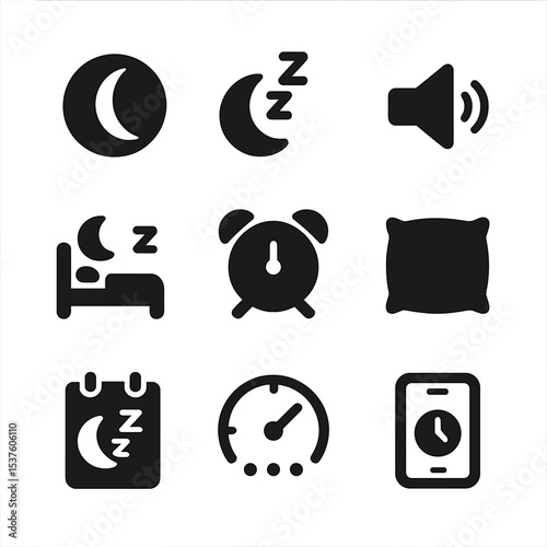 Sleep Support Icons. Solid, filled icons set of sleep and relaxation support: night mode, moon icon, sleep