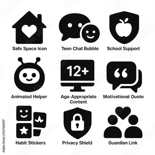 Youth Mental Health Icons. Solid, filled icons set of youth mental health apps: safe space icon, teen chat