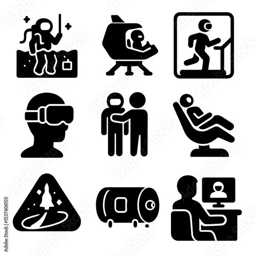 Astronaut Training Icons. Solid, filled icons set of astronaut training: neutral buoyancy tank, flight