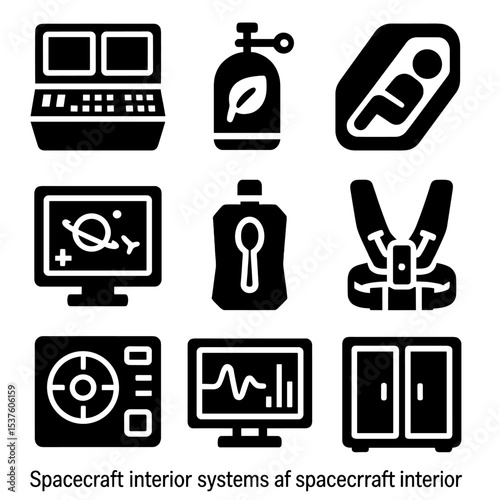 Spacecraft Interior Icons. Solid, filled icons set of spacecraft interior systems: command console, oxygen