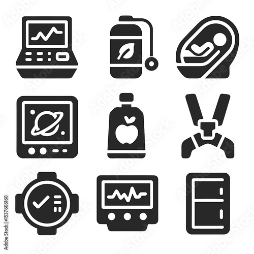 Spacecraft Interior Icons. Solid, filled icons set of spacecraft interior systems: command console, oxygen