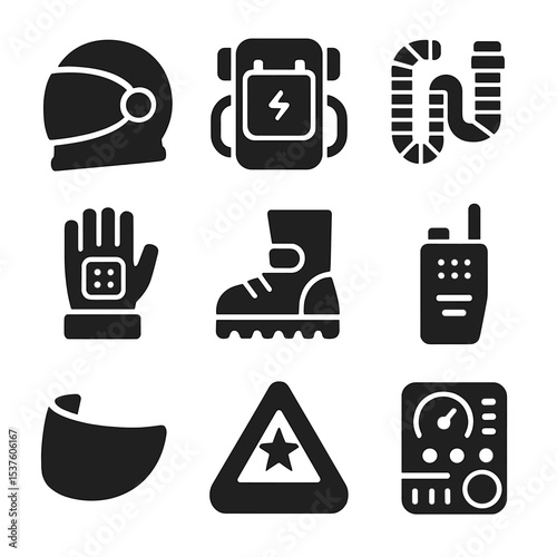 Space Suit Icon Set. Solid, filled icons set of space suit components: helmet visor, oxygen pack, cooling