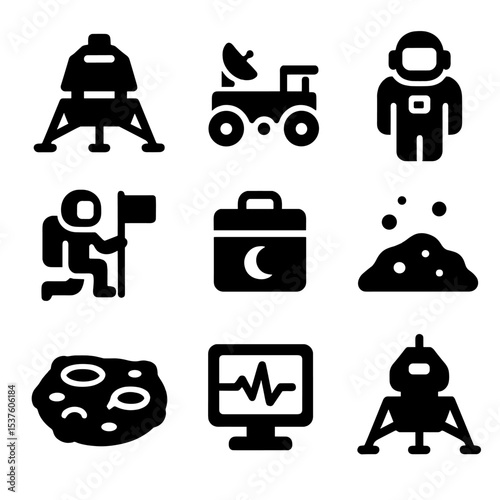 Lunar Missions Icons. Solid, filled icons set of lunar missions: moon lander, lunar rover, surface suit, flag