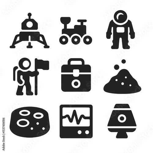 Lunar Missions Icons. Solid, filled icons set of lunar missions: moon lander, lunar rover, surface suit, flag