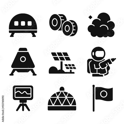 Mars Exploration Icons. Solid, filled icons set of Mars human exploration: Mars habitat, rover wheels, red