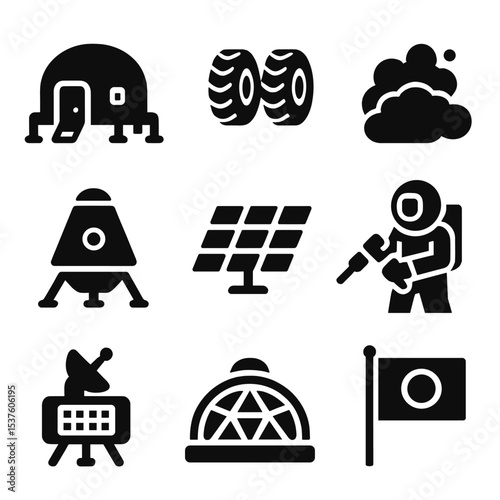 Mars Exploration Icons. Solid, filled icons set of Mars human exploration: Mars habitat, rover wheels, red