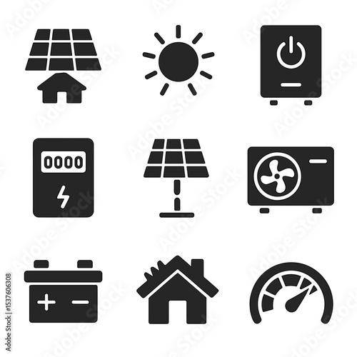 Solar Energy Icons. Solid, filled icons set of solar energy systems: rooftop panel, sunlight icon, PV inverter