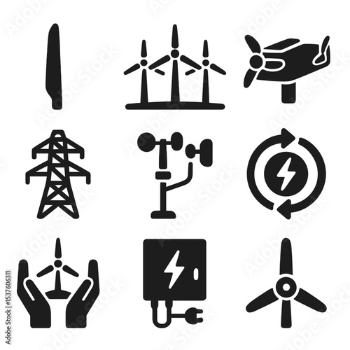 Wind Energy Icons. Solid, filled icons set of wind power infrastructure: turbine blade, wind farm, nacelle