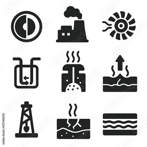 Geothermal Icons Grid. Solid, filled icons set of geothermal power: earth core icon, geothermal plant, steam