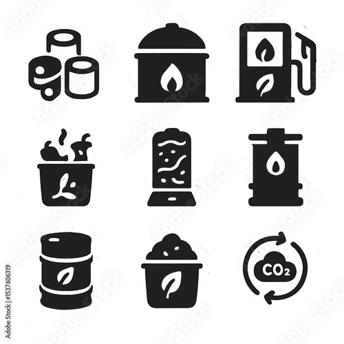 Bioenergy Icon Grid. Solid, filled icons set of bioenergy and biomass: wood pellet, biogas tank, crop fuel,