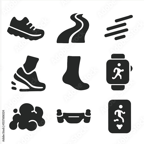 Trail Running Icons. Solid, filled icons set of trail running: running shoes, dirt trail, motion lines, heel