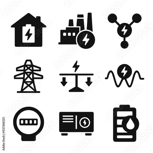 Energy Storage Icons. Solid, filled icons set of energy storage and grids: home battery, power station, grid