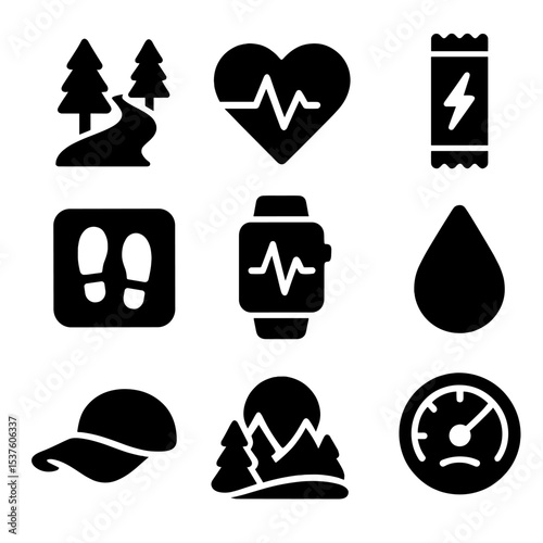 Outdoor Fitness Icons. Solid, filled icons set of outdoor fitness: forest path, heart rate icon, energy bar,