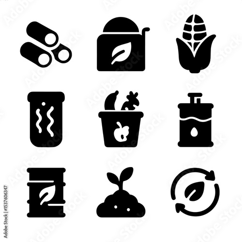 Bioenergy Icon Grid. Solid, filled icons set of bioenergy and biomass: wood pellet, biogas tank, crop fuel,
