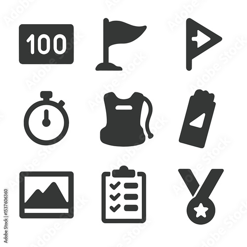 Trail Race Icon Set. Solid, filled icons set of trail race preparation: bib number, checkpoint flag, trail