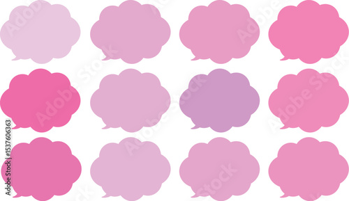 All the bubbles have a distinctive, rounded, cloud-like, or scalloped edge design. This vector image features twelve speech bubbles.
