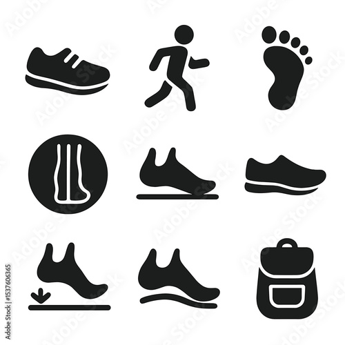 Minimalist Running Icons. Solid, filled icons set of minimalist running style: barefoot shoe, natural stride