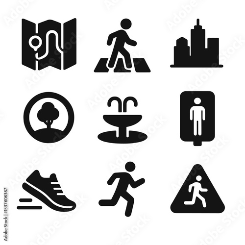 Urban Running Icons. Solid, filled icons set of urban running routes: city map, crosswalk icon, skyline