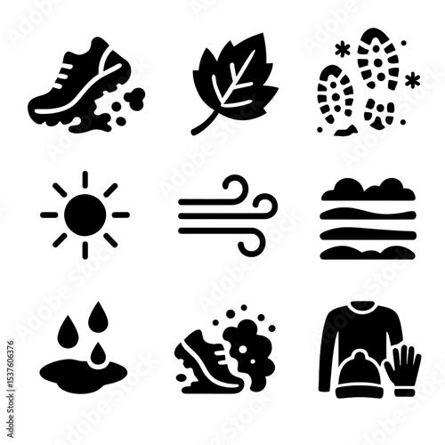 Seasonal Trail Running Icons. Solid, filled icons set of seasonal trail running: muddy shoe, fallen leaf, snow