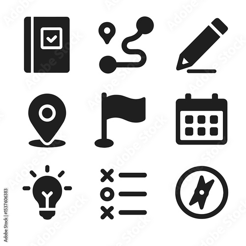 Future Planning Icons. Solid, filled icons set of future planning rituals: planner book, roadmap icon, pencil