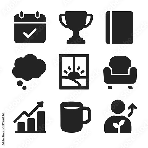 Reflective Icons Grid. Solid, filled icons set of reflecting on achievements: calendar checkmark, goal trophy,