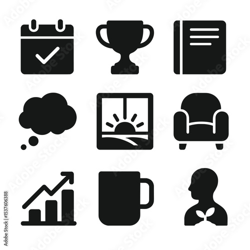 Reflective Icons Grid. Solid, filled icons set of reflecting on achievements: calendar checkmark, goal trophy,