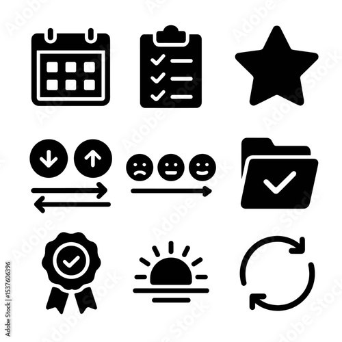 Weekly Review Icons. Solid, filled icons set of end-of-week review: weekly summary, checklist icon, highlight