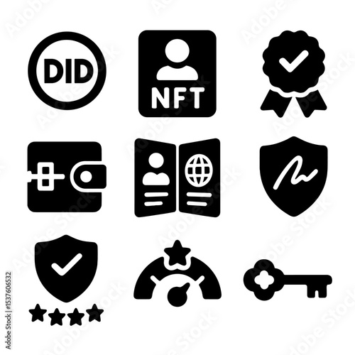 Decentralized Identity Icons. Solid, filled icons set of decentralized identity systems: DID icon, profile NFT