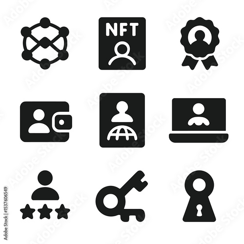 Decentralized Identity Icons. Solid, filled icons set of decentralized identity systems: DID icon, profile NFT