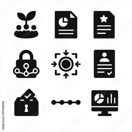 DAO Launch Icons. Solid, filled icons set of DAO launch processes: community seed, whitepaper icon, mission