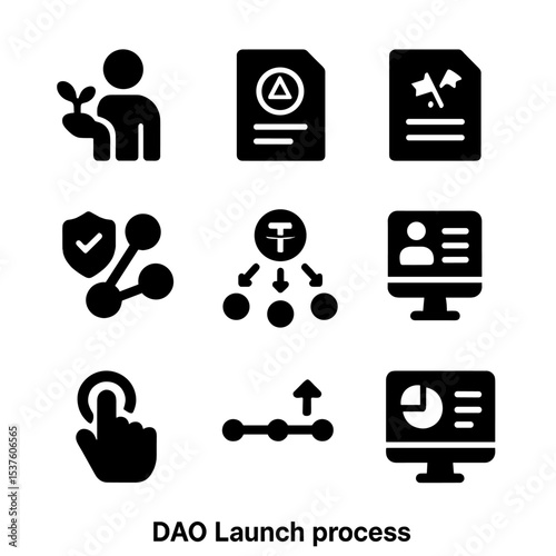 DAO Launch Icons. Solid, filled icons set of DAO launch processes: community seed, whitepaper icon, mission