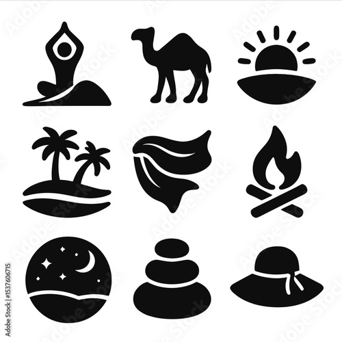 Desert Yoga Icons. Solid, filled icons set of desert yoga escapes: sand dune pose, camel icon, sunset glow,