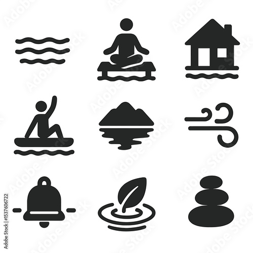 Lakeside Meditation Icons. Solid, filled icons set of lakeside meditation spots: still water, dock pose, cabin