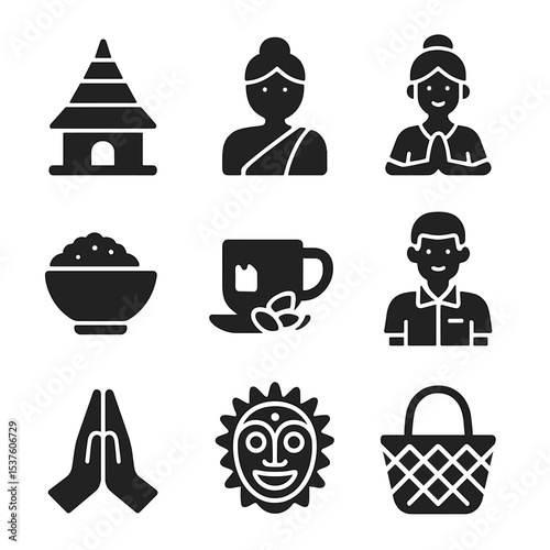 Cultural Immersion Icons. Solid, filled icons set of yoga and cultural immersion: local temple, traditional