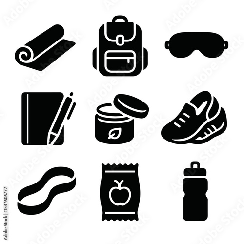 Yoga Retreat Essentials. Solid, filled icons set of yoga retreat essentials: yoga mat, travel backpack, eye
