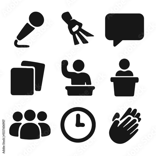 Public Speaking Icons. Solid, filled icons set of public speaking and presentation skills: microphone icon,